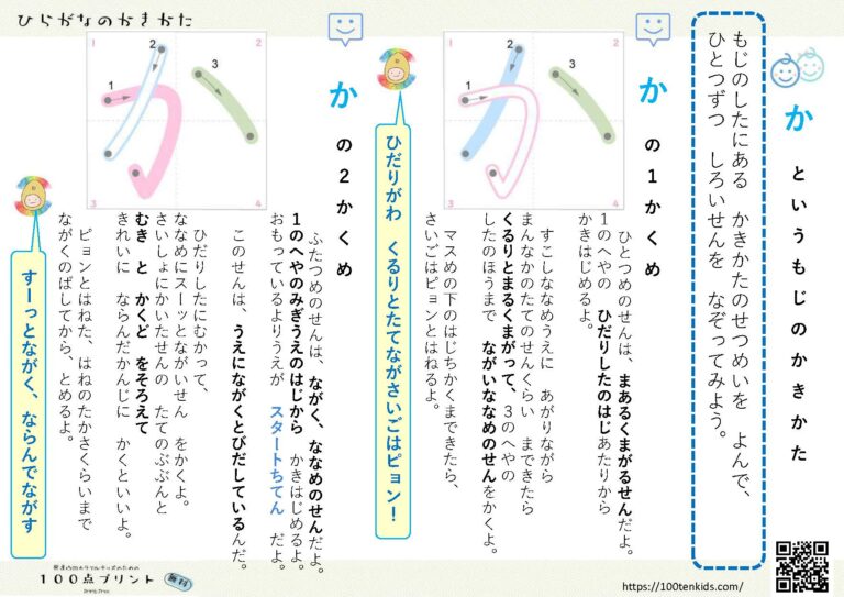 ひらがなの か の書き方、教え方を解説。 | 発達凸凹カラフルキッズのための 100点プリント